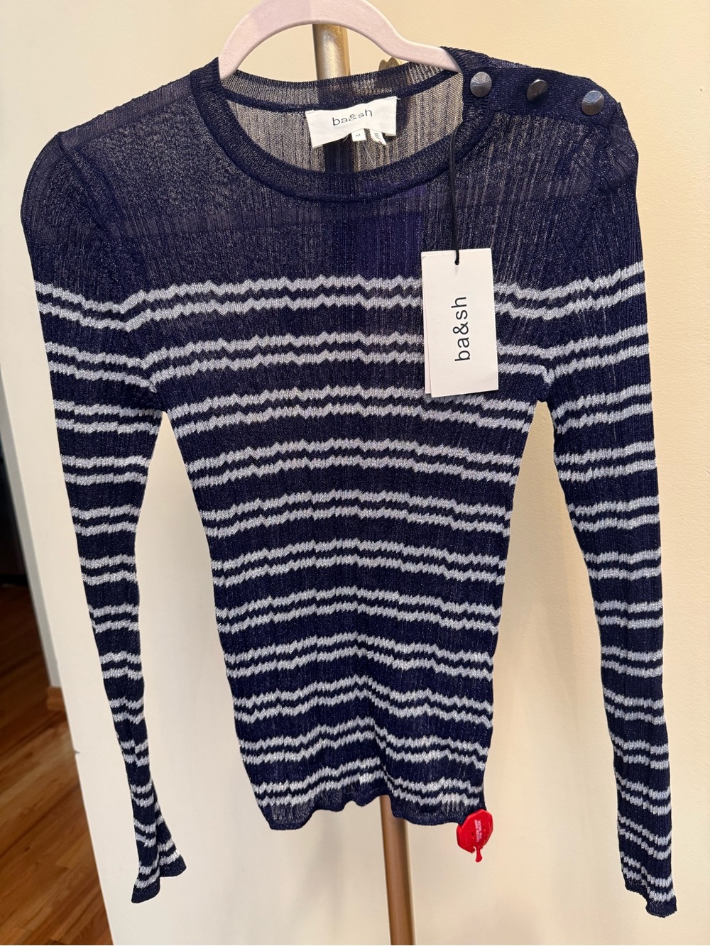 ba&sh Navy & White Striped Lightweight Crew Sweater with Shoulder Buttons